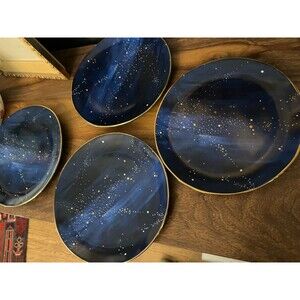WEST ELM Constellation Night Sky Set FOUR 9" Salad Dessert Plates Cobalt Stars